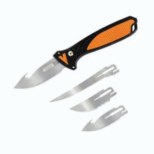 black and orange handle knife with 4 interchangeable blades