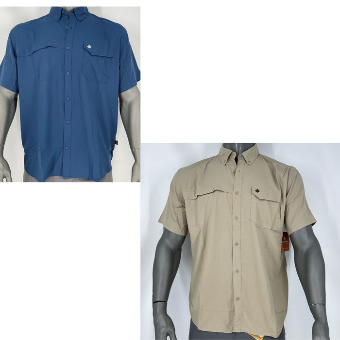 Nomad full button front two chest pocket  Stretch Lite Short Sleeve displayed in blue or tan