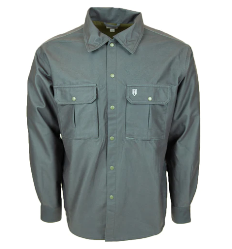 Gray full button front long sleeve shirt with dual chest pockets
