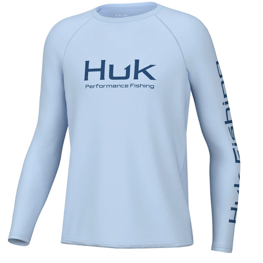 light blue navy logo Huk Kids Pursuit Performance Shirt