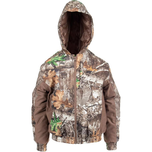 camo zip front hooded jacket with elastic waist and cuffs