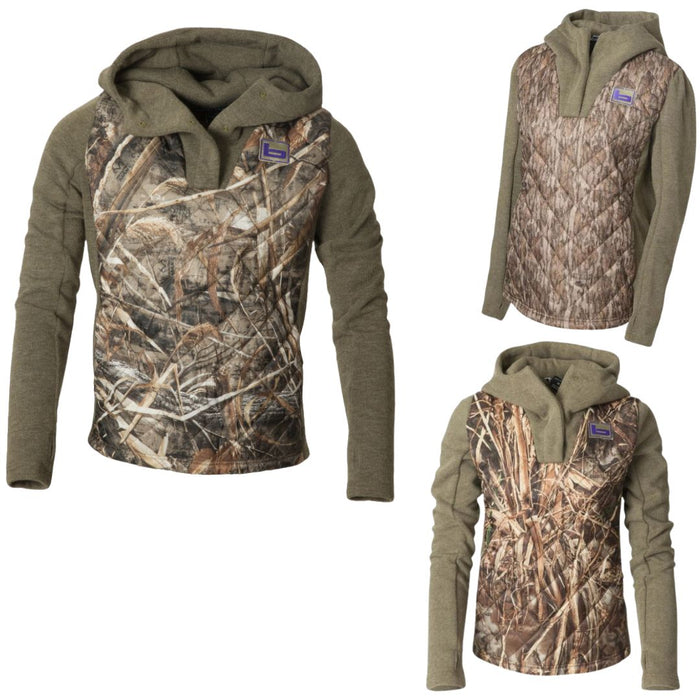 Banded  Womens Kinetic Hybrid Hoodie three variations of camo body and green hood and sleeves