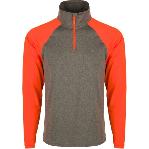 Drake, McAlister Upland  1/4 Zip Performance long sleeve Shirt brown with hunting orange sleeves and zipper 