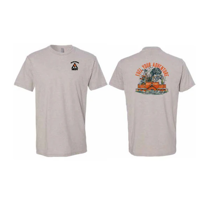 Gray Short Sleeve T-Shirt with Molly’s Place logo on front left side and Dog holding duck in mouth on top of storefront that says Fuel Your Adventure on the upper back