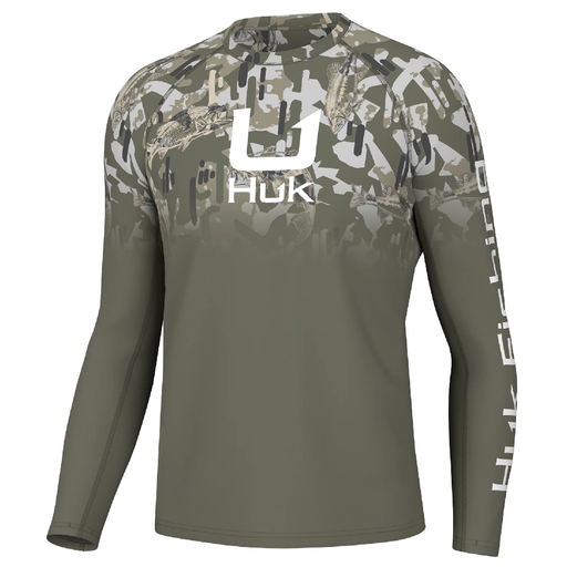 gray upper fish print Huk Kc Icon Apex Vert Fade Performance Shirt