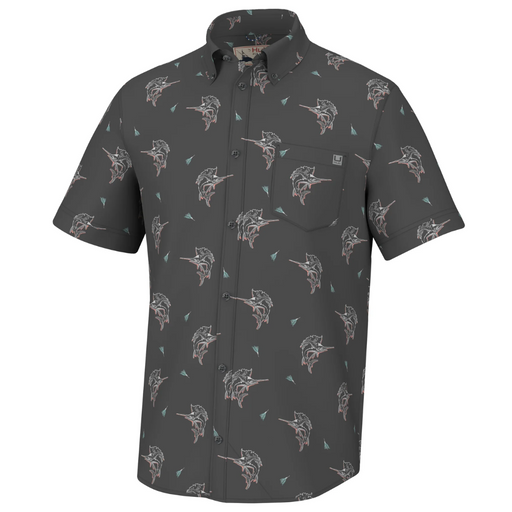 ash gray fin and lure print Huk Kona Button-Down Shirt 