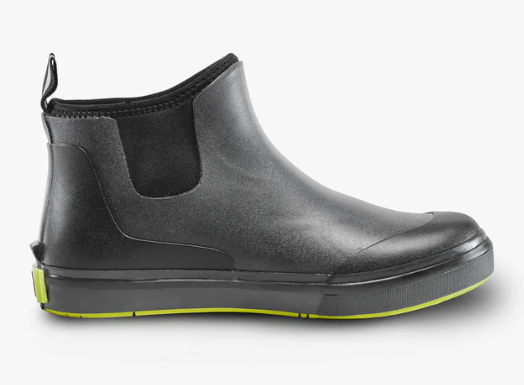 black ankle wader boot with neon yellow bottom