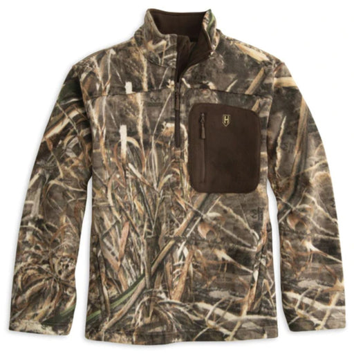camo HeyBo The Bluffs Fleece 1/4 Zip pull over with solid brown zip chest pocket