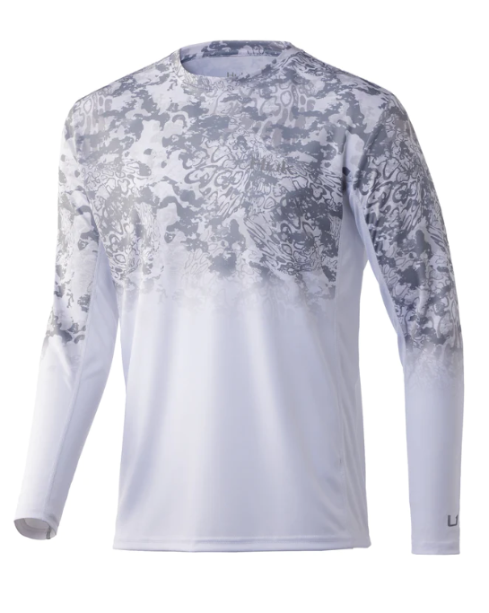 White and gray HUK, Icon X Tide Change Fade Shirt long sleeve performance shirt