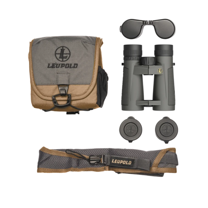 gray and black binoculars with case strap and lens covers