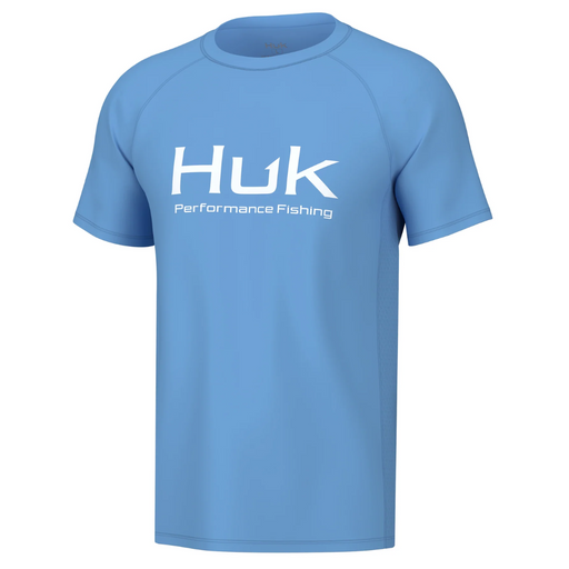 light blue with white logo Huk Pursuit Short Sleeve Performance Shirt