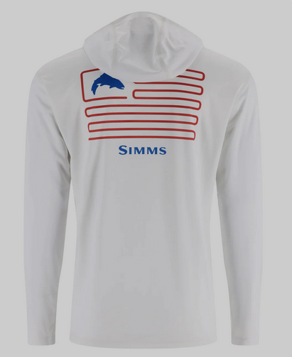 white tech hoody with trout flag in blue and red on back