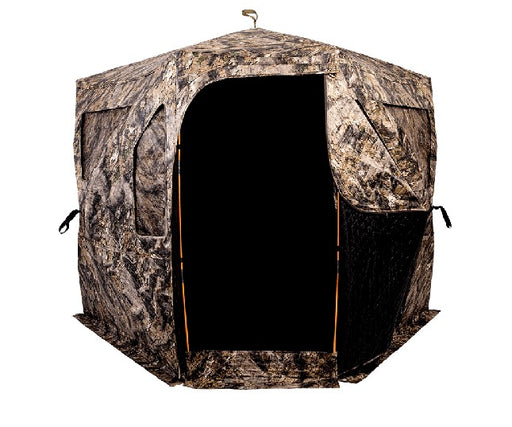 Tan and black camo thermal blind tent  with multiple visual access points