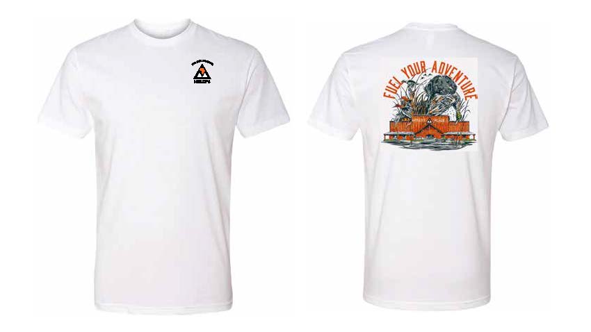 White Short Sleeve T-Shirt with Molly’s Place logo on front left side and Dog holding duck in mouth on top of storefront that says Fuel Your Adventure on the upper back. 