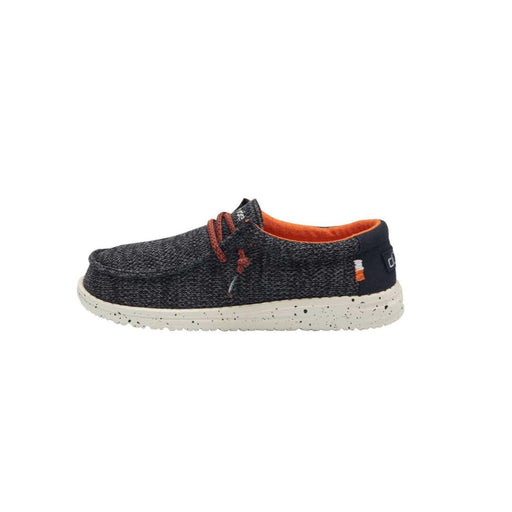 HeyDude Wally Youth Sox black geay heather front black heel and white sole with black specks and bright orange liningand laces 