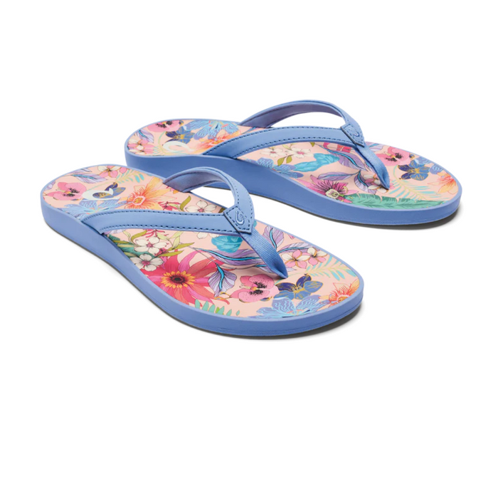Olukai Women's 3 Point Sandals' Puawe sandals with floral bottom and light blue straps