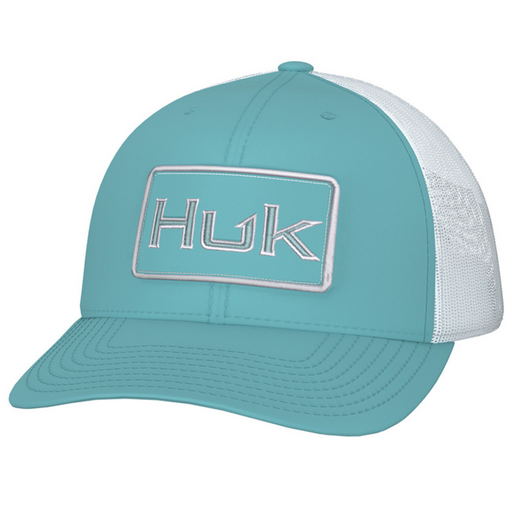 aqua and white Huk Bold Patch Trucker hat