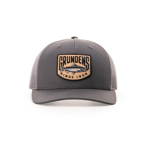 gray trucker hat with orange Grundens patch with fish on front