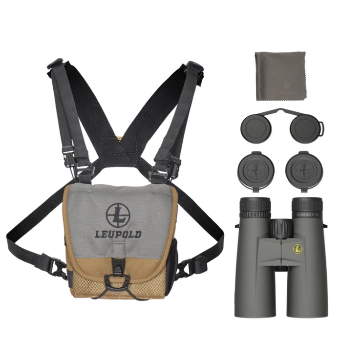 gray and black binoculars with harness case lens caps and cloth