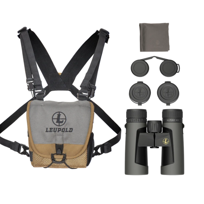 gray and black binoculars with carring harness lens caps and cloth
