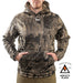 Model wearing Banded Atchafalaya Pullover hoodie in camo with tan bottoms