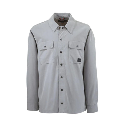 gray snap front fishing style shirt