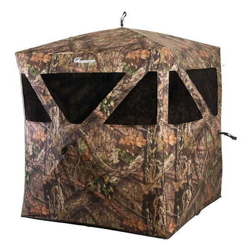 Brown green and orange tree camo square hunting blind  with multiple triangle viewing points