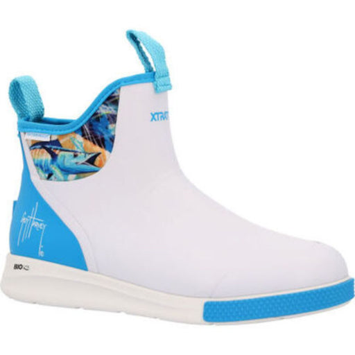 Xtratuf Men's 6 in Ankle Deck Boot Sport in white features signature blue pull tabs and Guy Harvey's signature Wahoo print 