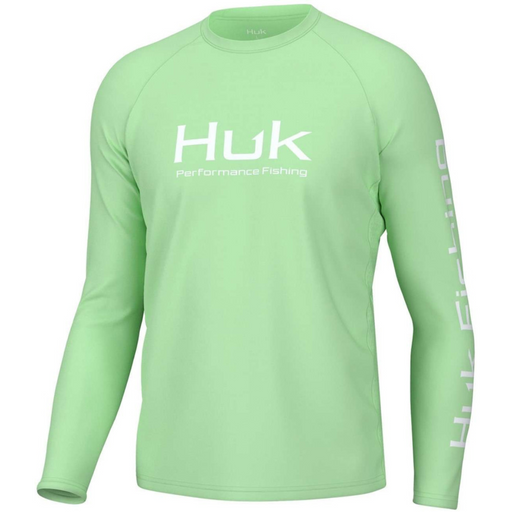 lime green with  white logo Aqua navy print HUK Icon Long Sleeve Performance Shirt