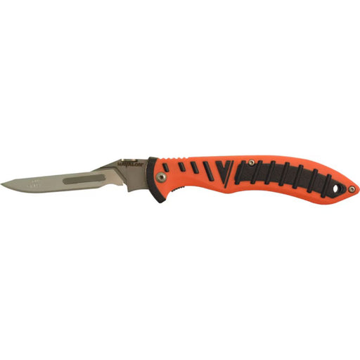 Orange and black handled folding skinng knife