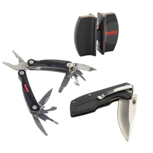 black handle multi tool a lock back knife and a pull through blade sharpner