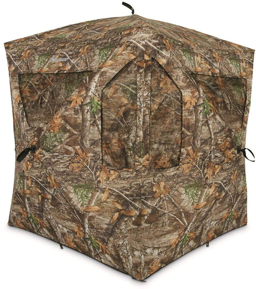 tan green and orange tree camo square shape hunting blind with multiple access points