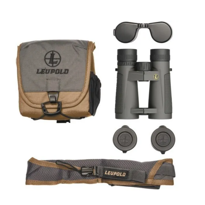 gray and black binoculars with case strap and lens covers