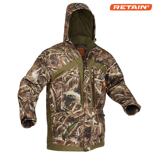 Foliage camo print hooded parka zip and snap front velcro secure cuffs