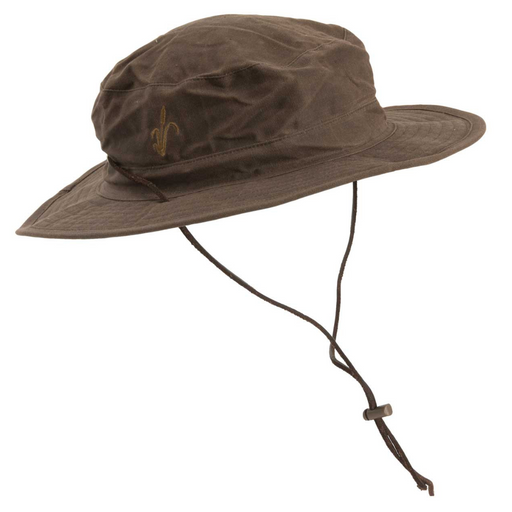 Brown bucket hat with chin strap.
