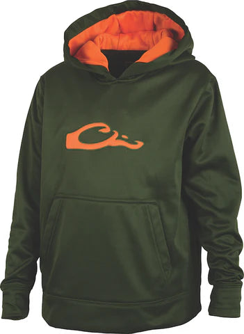 Drake Waterfowl Youth Performance Hoodie green with orange logo and inside of the hood