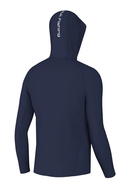 back view navy with white HUK logo on hood Performance Hoodie