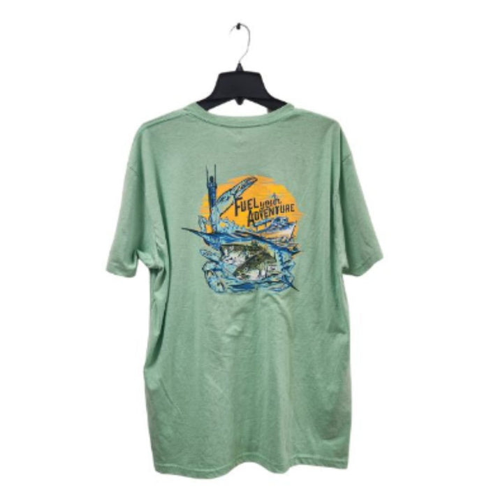 Molly's Place Short Sleeve T-Shirts with Molly's Logo on front Fuel Your Adventure and Striper on the back in color options  light green