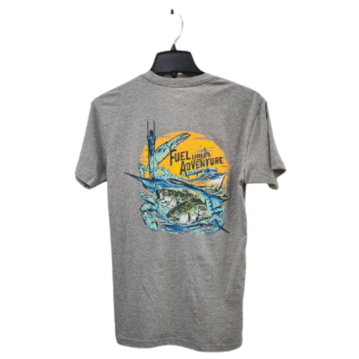 Molly's Place Short Sleeve T-Shirts with Molly's Logo on front Fuel Your Adventure and Striper on the back in color options gray