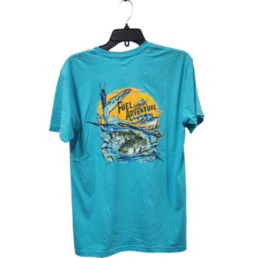 Molly's Place Short Sleeve T-Shirts with Molly's Logo on front Fuel Your Adventure and Striper on the back in color options blue