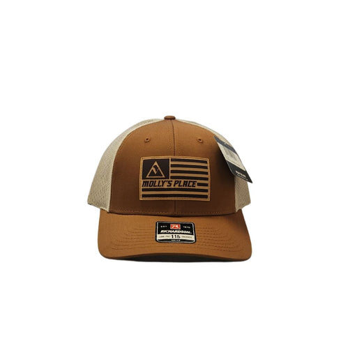 Molly's Place Low Pro Trucker Hat brown and tan with flag logo on front