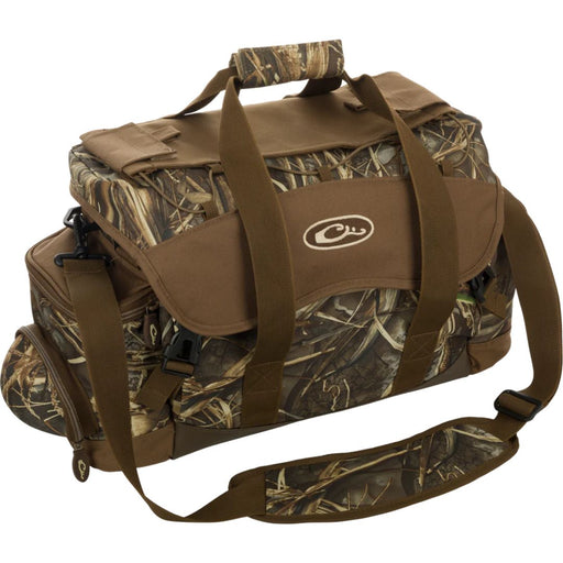 camo and brown blilnd bag with end pockets handles and shoulder strap
