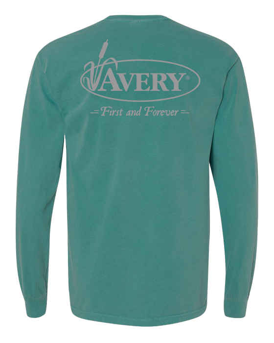 Aqua long sleeve pull over shirt with Avery logo in white