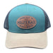 Molly's Place teal navy and tan snapback hat with oval leather logo