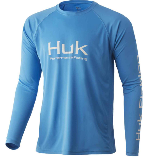 blue with white logo HUK, Vented Pursuit long sleeve performance shirt 