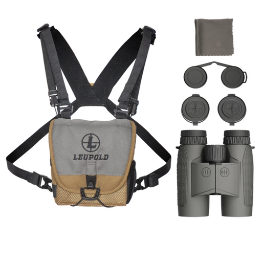 gray and black binoculars with carry harnessand lens caps and cloth