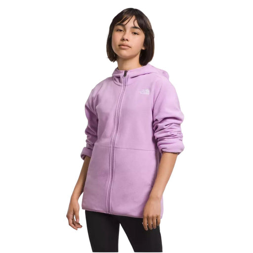 North Face Big Kids’ Glacier Full-Zip Hooded Jacket  in lavender worn by a youth model with black pants