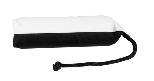 Black and white dog toy with black cord