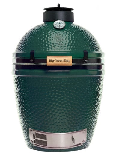 A big green egg charcoal grill, with a green ceramic body and metal accents in a size medium. 