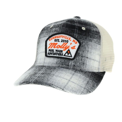 Molly's Place Trucker Hat in black and white plaid with white mesh back and Molly's Fuel Your Adventure patch on front